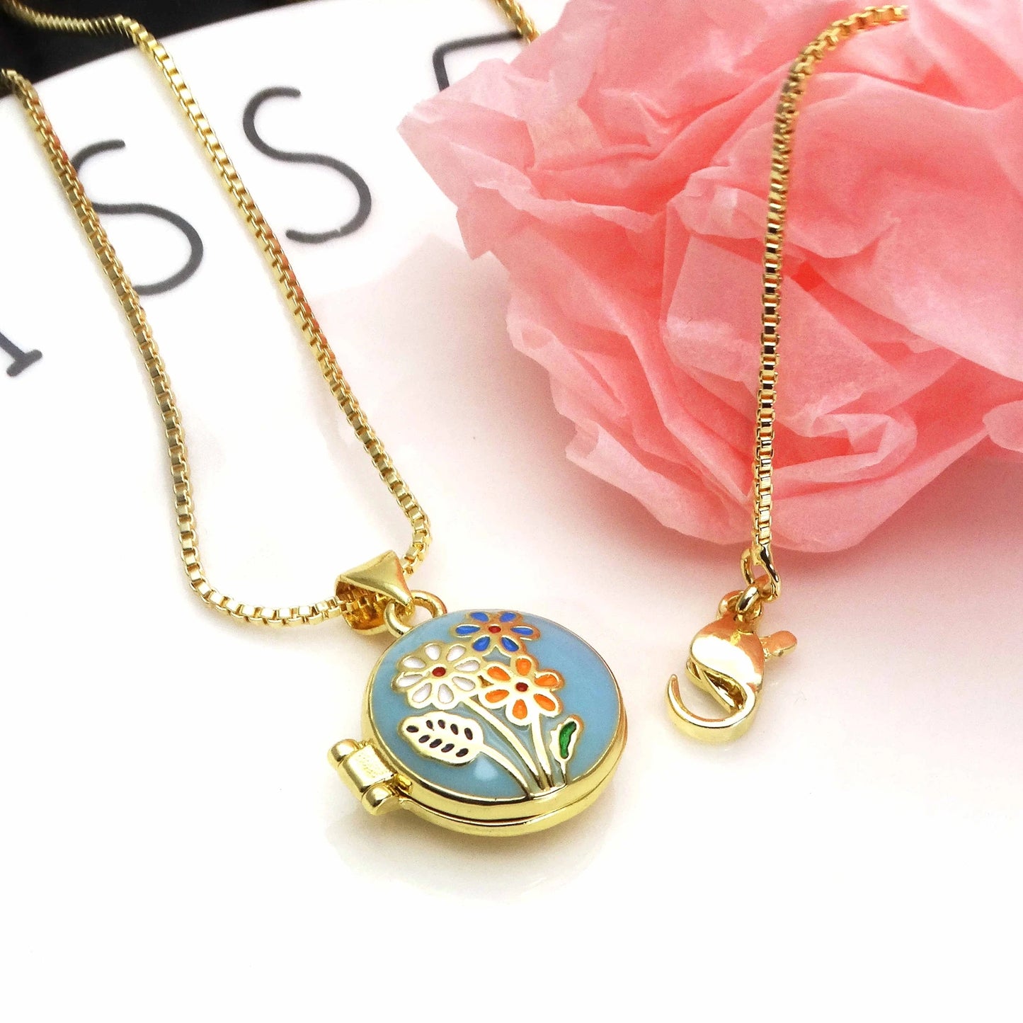 Micro Zircon oil drip photo box Pendant necklace Rose Flower pendant necklace copper chain jewelry necklace