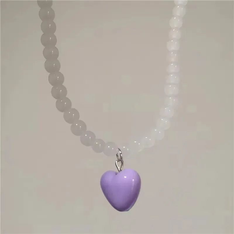 Kpop Resin Candy Color Heart Pendant Glass Beaded Short Choker Collar Neck Necklace Aesthetic Charm Jewelry Y2K Accessories