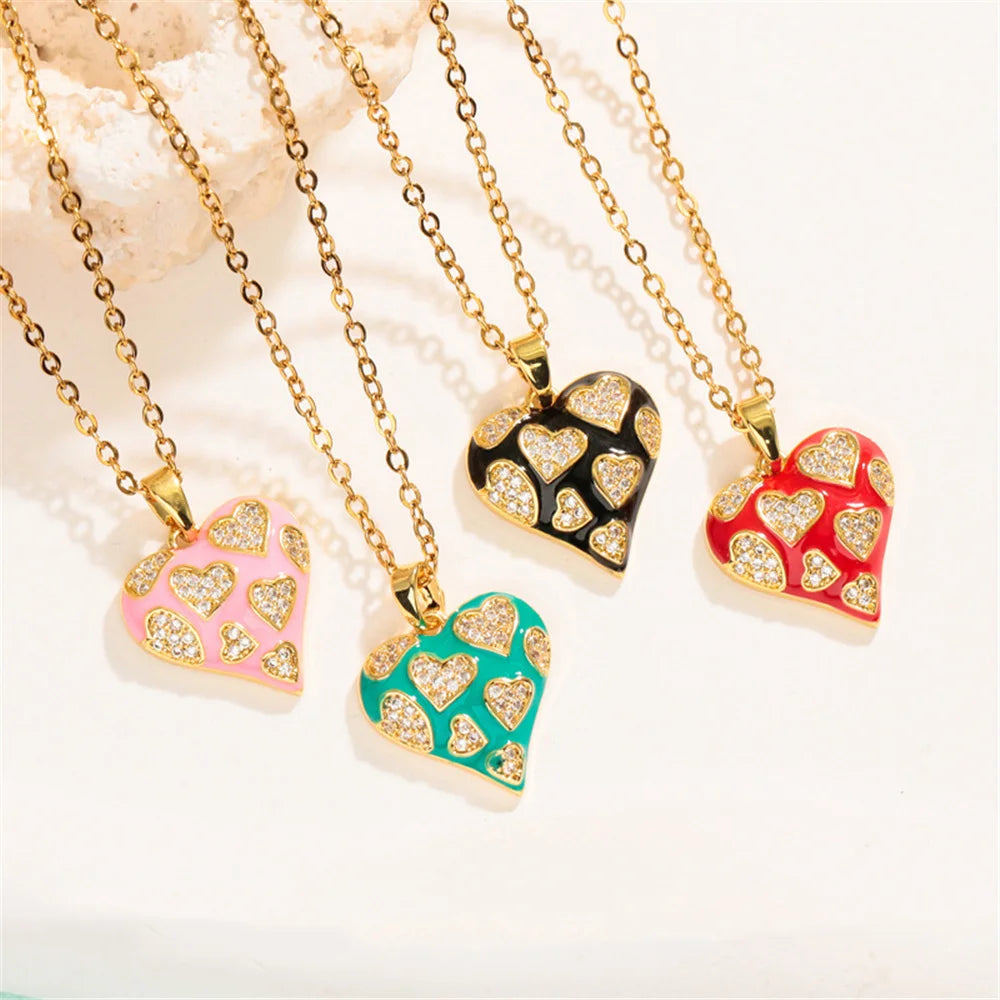 New Fashion Overlap Small Heart Love Charm Female Pink Green Zircon Pendant Necklace Gold Color Wedding Jewelry For Cute Women