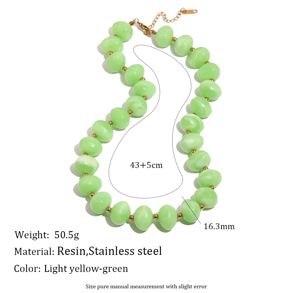 E.B.belle Colorful Candy Bead Strand Necklace Adjustable Gold Extension Chain Flat Oval Resin Beads Fashion Beach Women Jewelry