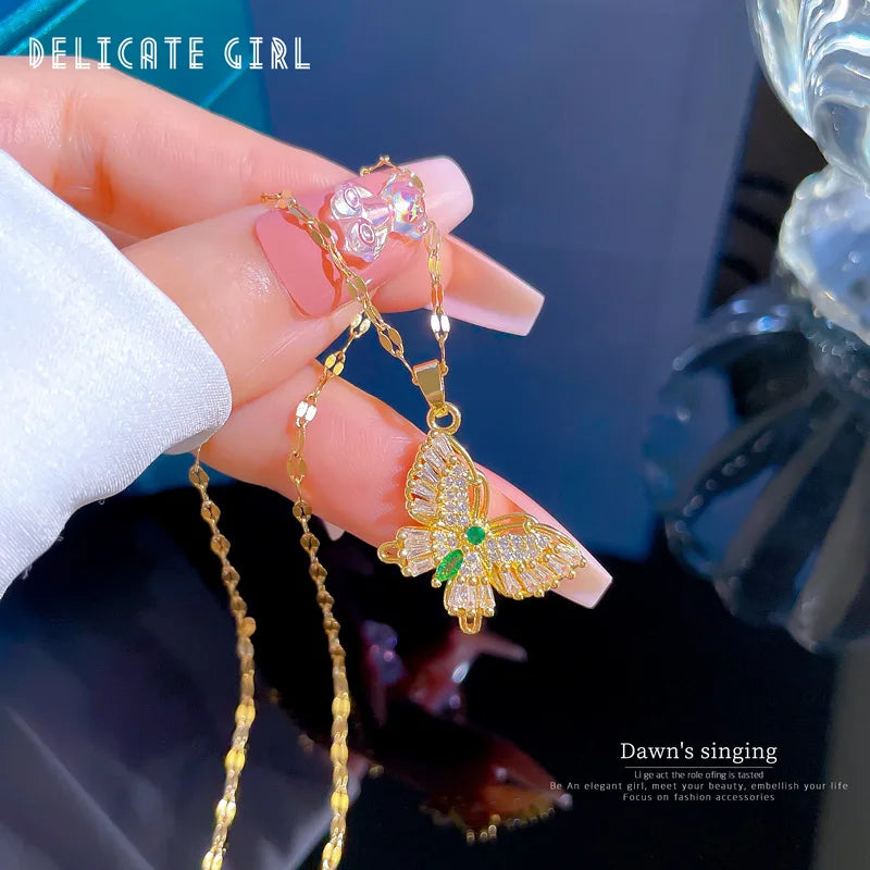 Stainless Steel Elegant Statement Butterfly Pendant Necklace Rhinestone Chain for Women Bling Crystal Choker Party Jewelry