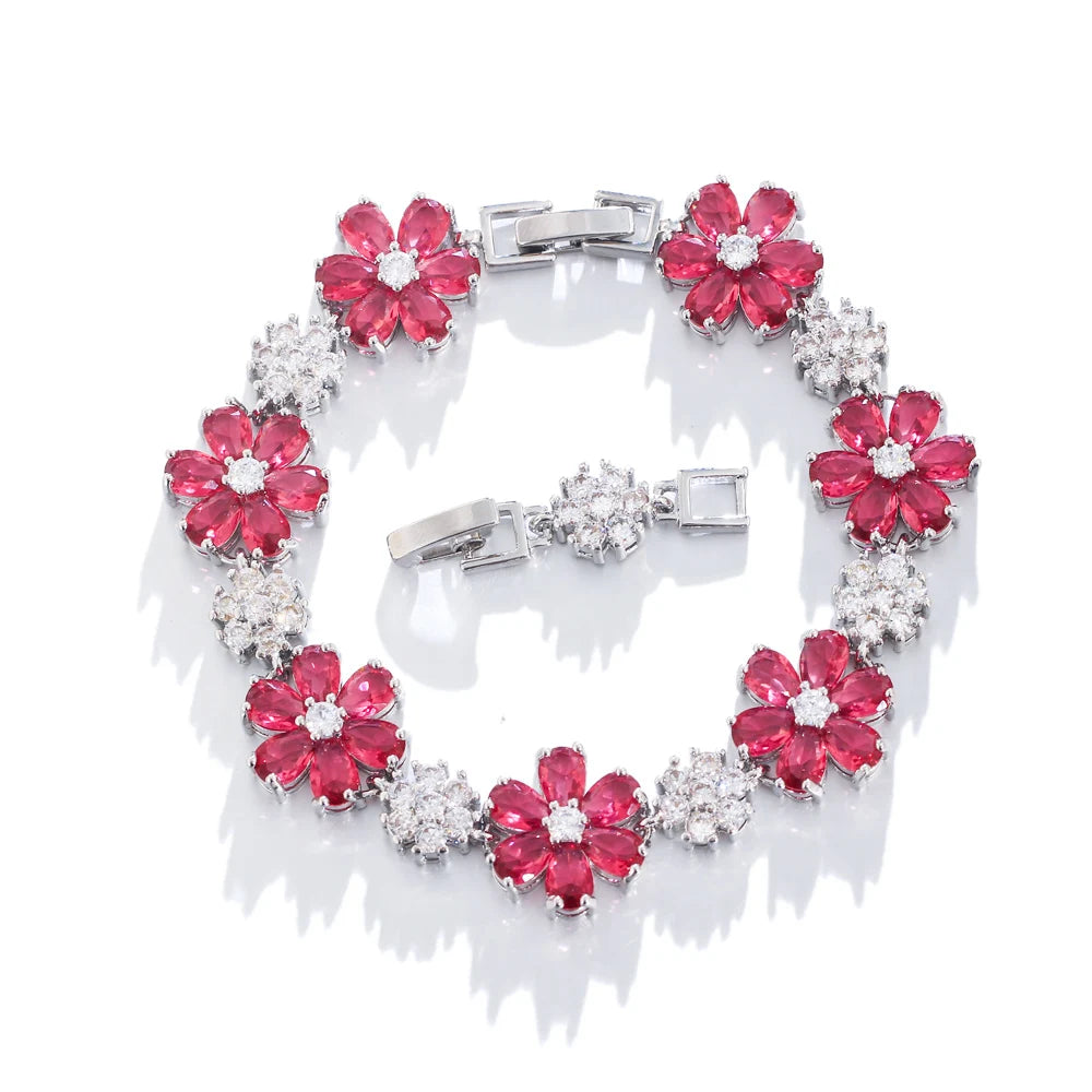 ThreeGraces High Quality Green Cubic Zirconia Gold Color Flower Link Chain Bracelet for Women Fashion Dubai Party Jewelry BR294