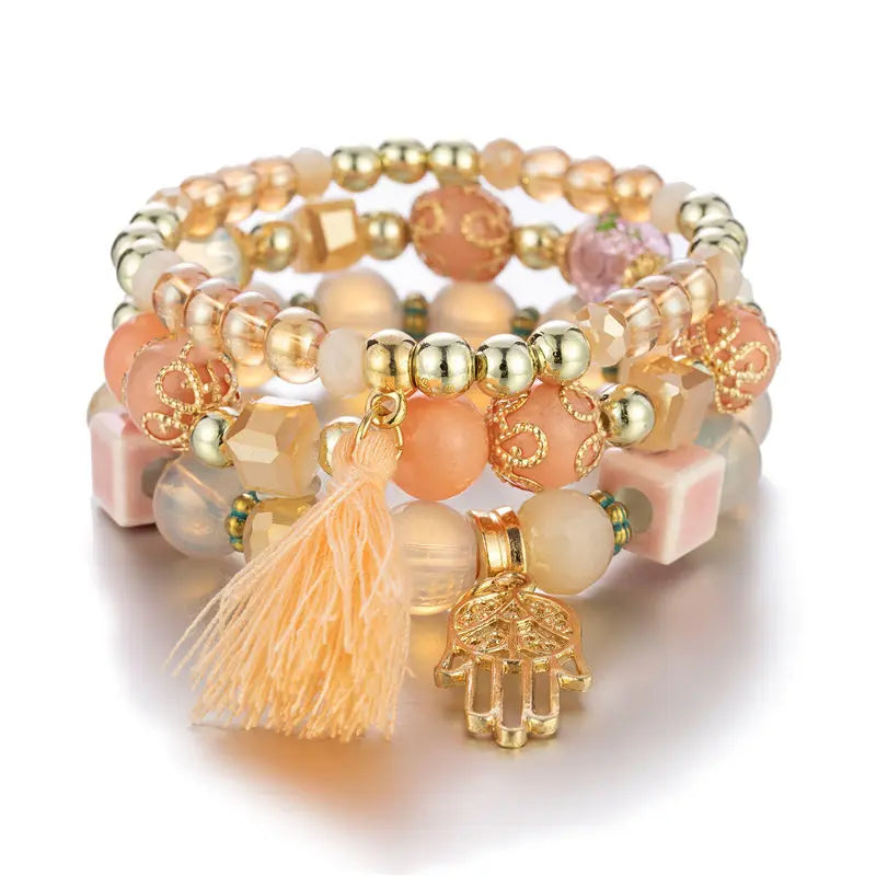 3Pcs/set Boho Fatima Hand Charm Bracelets Set For Women Tassel Colorful Beads Chain Bangle Girls Bohemian Jewelry Accessories