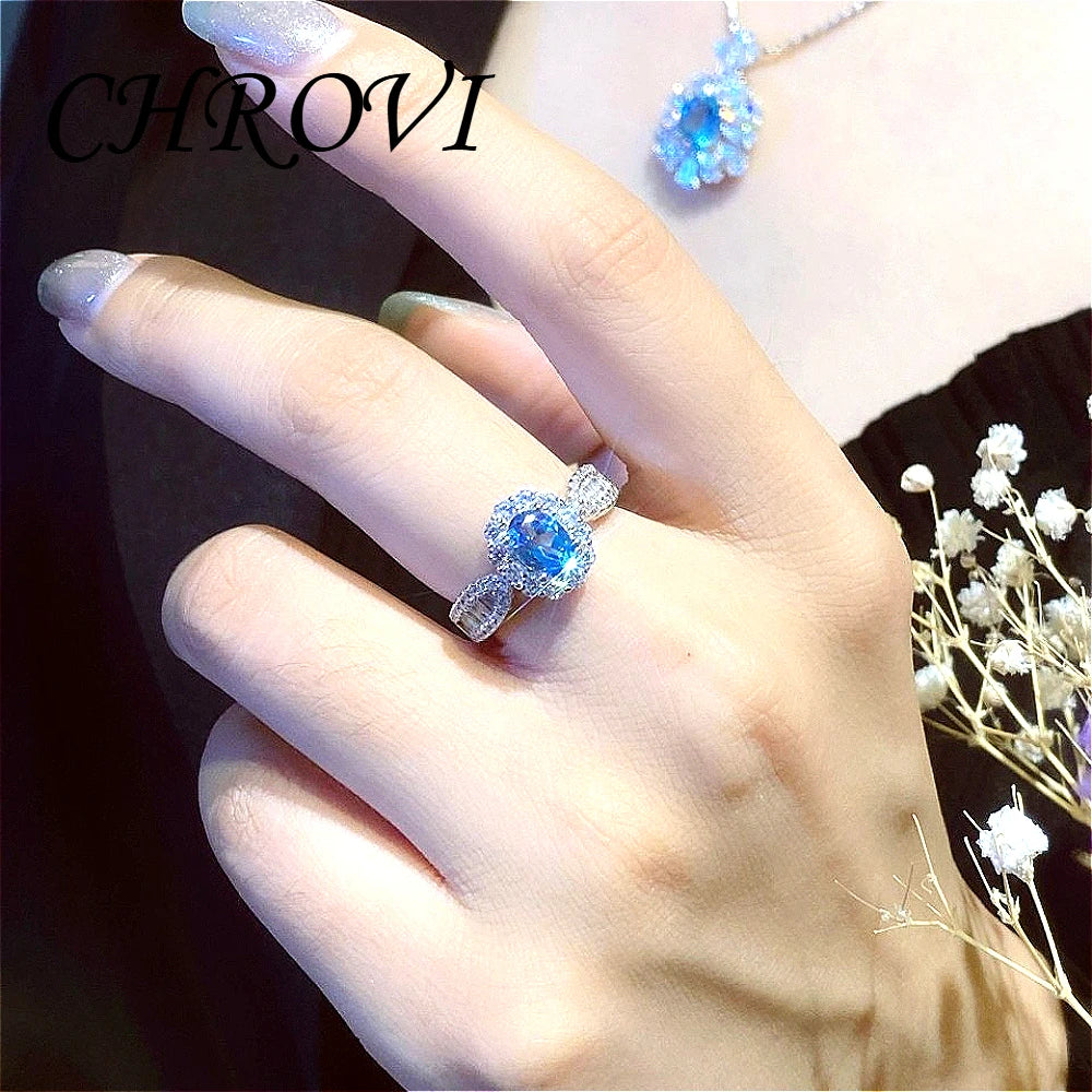 Fashion 925 sterling silver sky blue topaz full diamond minimalist style open ring for women - finger ring