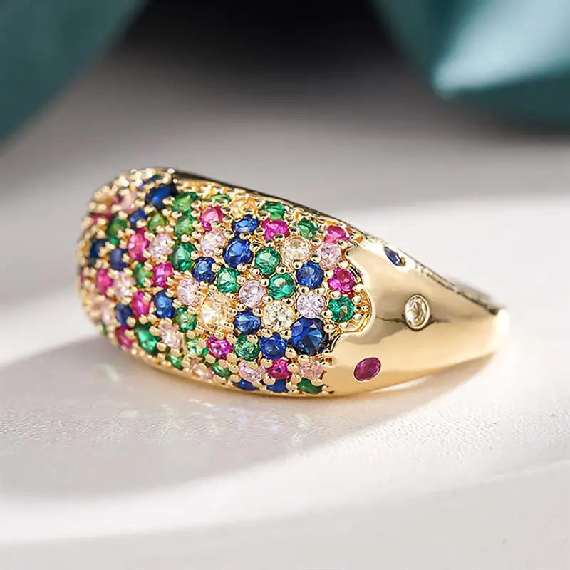 Huitan Sparkling Women Ring Gold Color Luxury Wedding Party Fashion Accessories Inlaid Shiny Colorful CZ Gorgeous Lady Jewelry