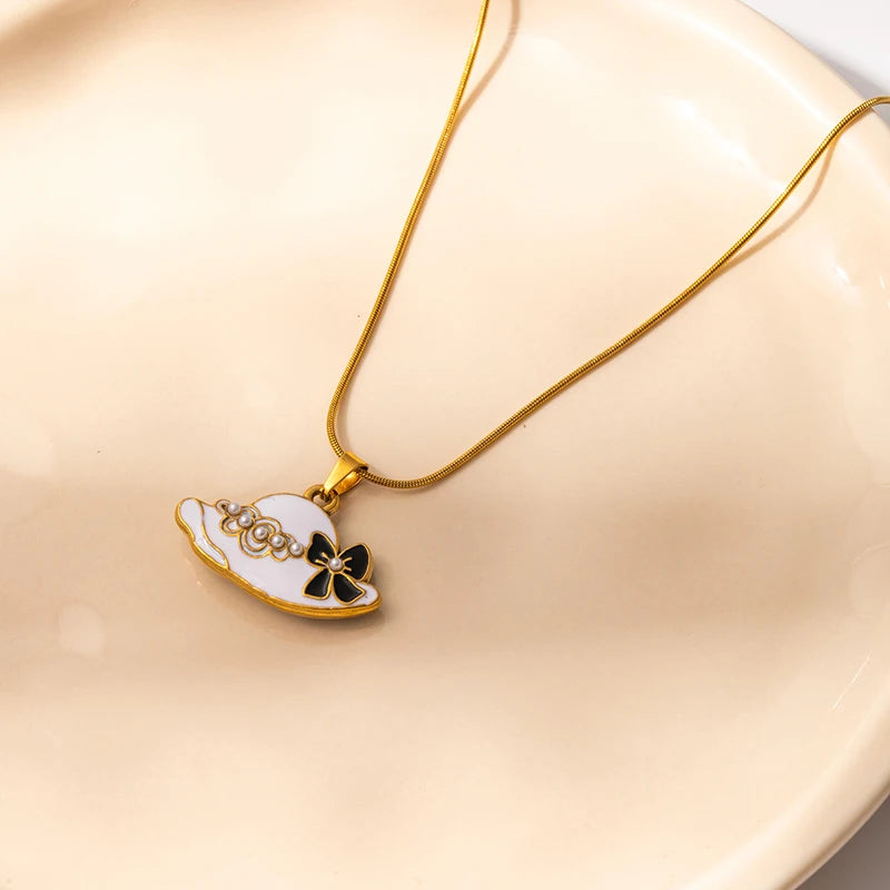 ANENJERY 316L Stainless Steel Colorful Enamel Hat Bag Pendant Necklace For Women Niche Luxury Design Fashion Jewelry Wholesale