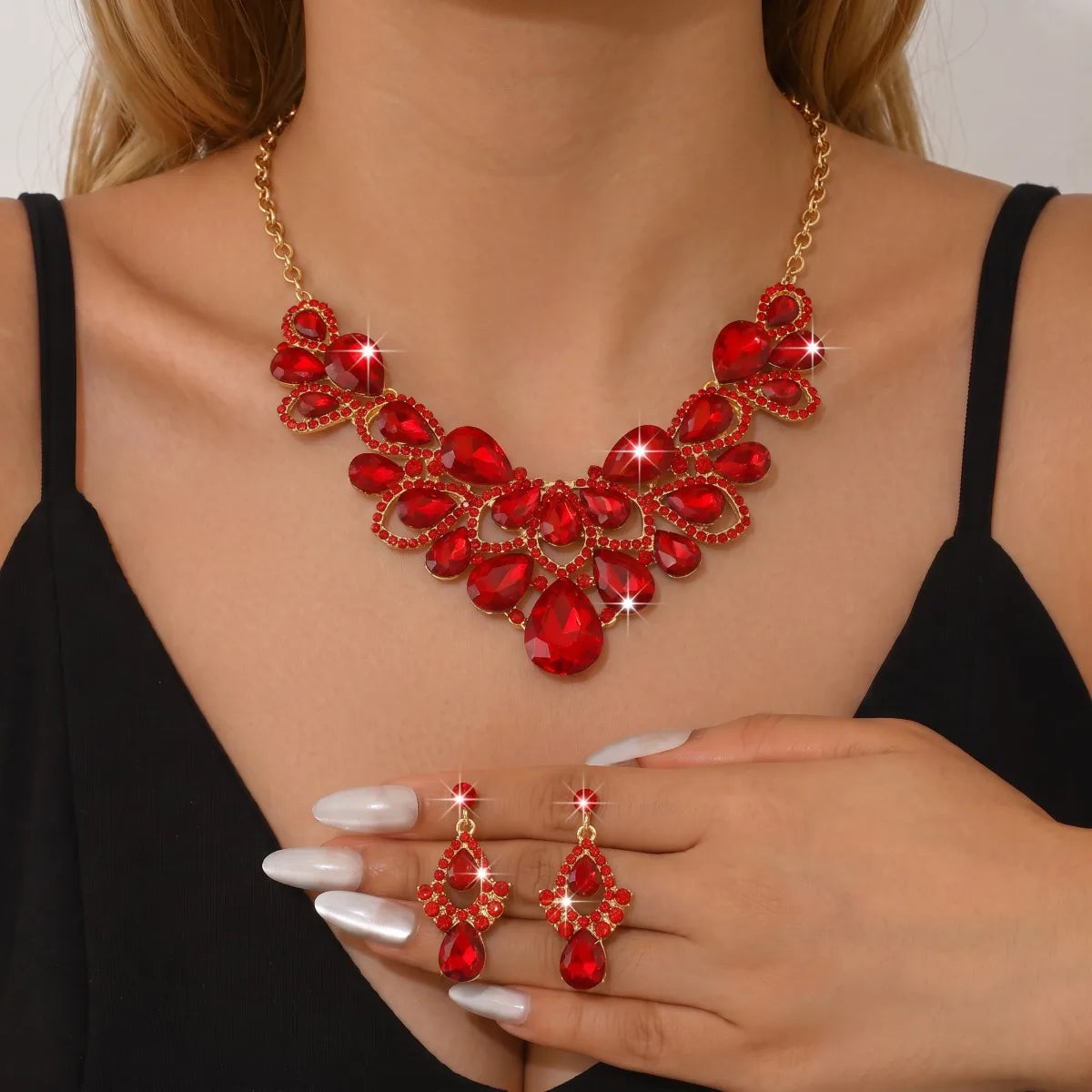 Sparkling Noble Hollow Water Drop Necklace Earrings Women's Evening Formal Dress Set Theme Party Matching Jewelry