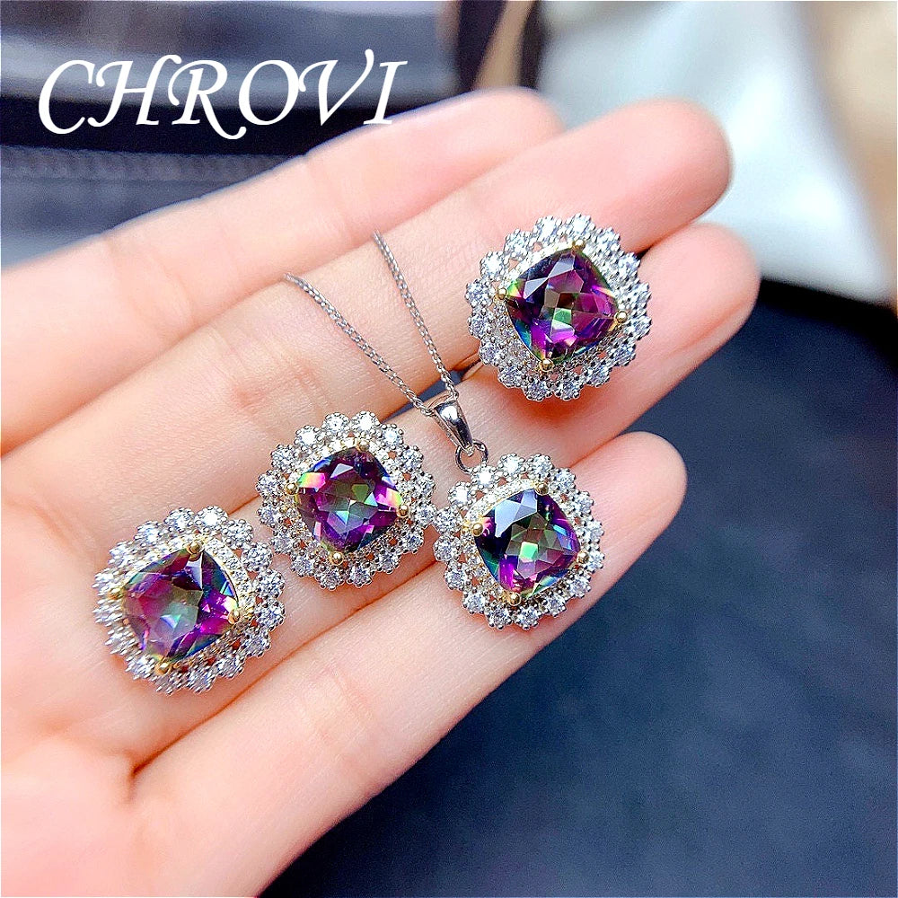 Luxury-Style 925 Sterling Silver Colorful Crystal Stone Set - Sky Blue Necklace, Ring Pendant, Stud Earrings for Women