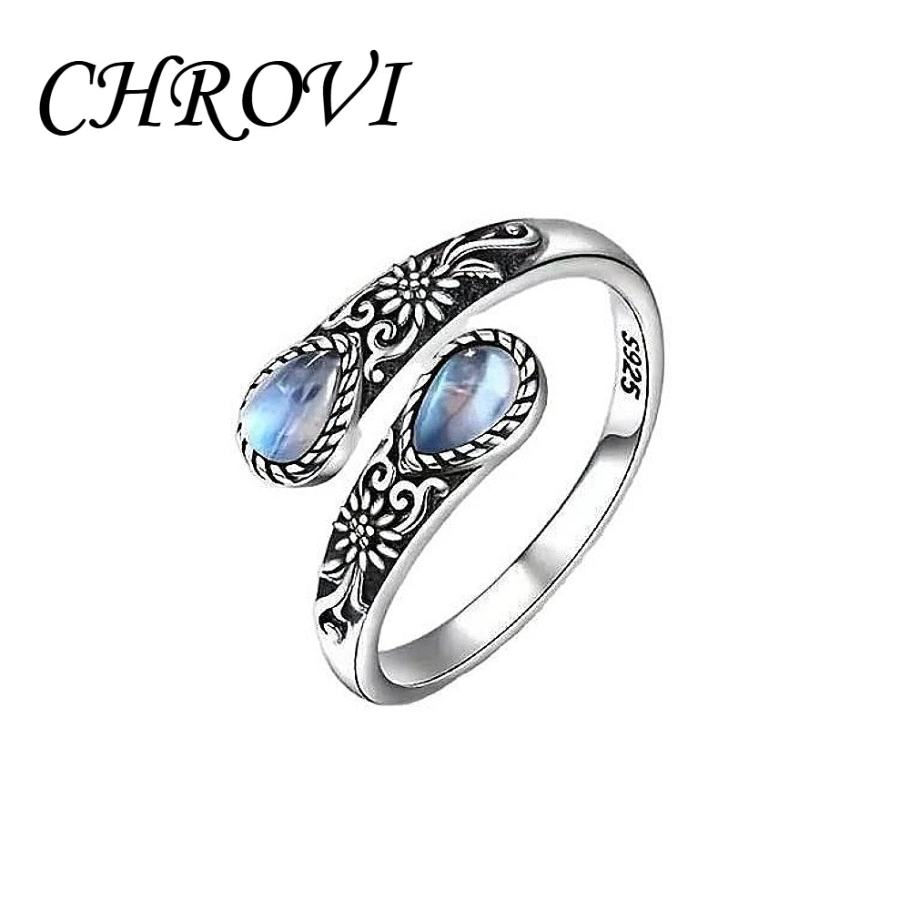 Retro 925 Sterling Silver Agate Spoon, Moonstone Ring, Women's Simple and Fashionable Ring
