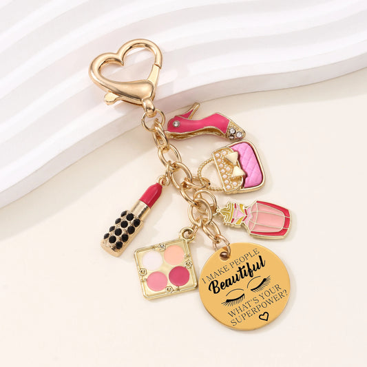 1pc Laser Engrave Eye Shadow Palette Handbag Lipstick High Heels Keychain Cartoon Cosmetics Series Key Ring For Friends Gift