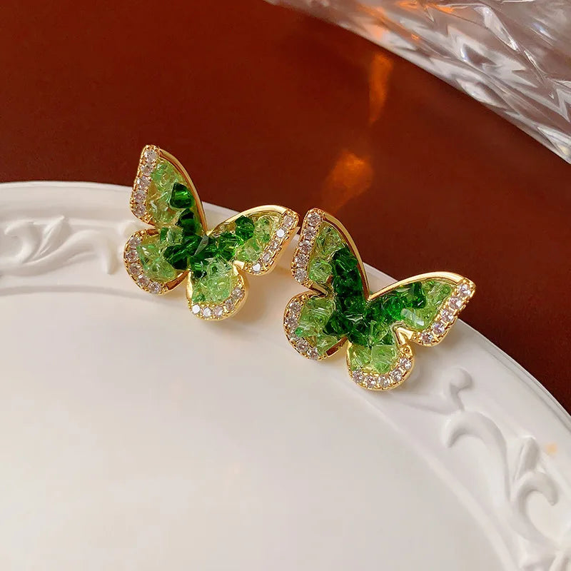 Gold Plating Zircon Green Crystal Butterfly Stud Earrings for Women Partysu Fashion Earring Luxury Silver Jewelry New