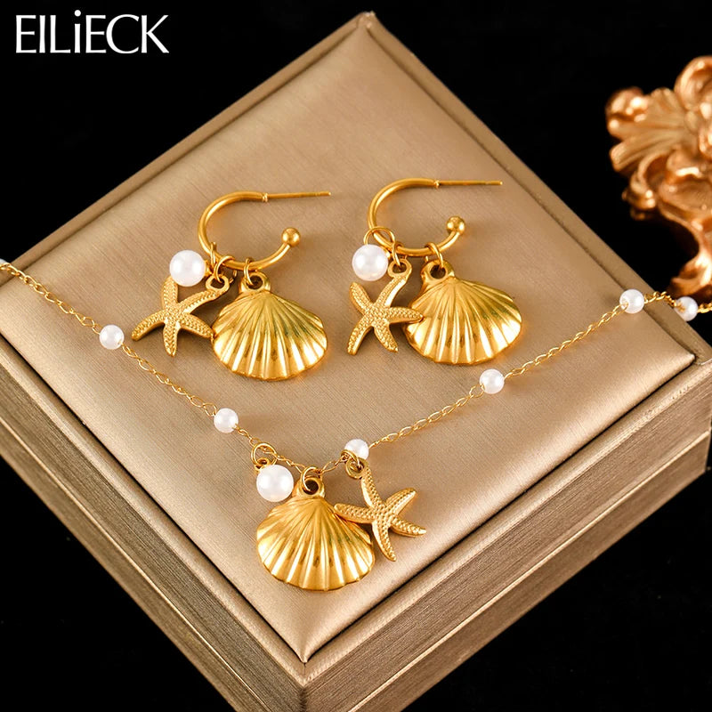 EILIECK 316L Stainless Steel Gold Color Starfish Shell Pearl Necklace Earrings Set For Women Trendy Waterproof Jewelry Lady Gift
