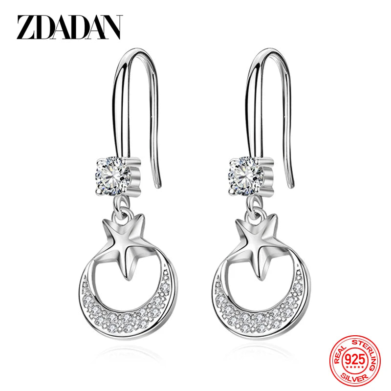 ZDADAN 925 Sterling Silver Star Moon CZ Dangle Earrings For Women Fashion Jewelry