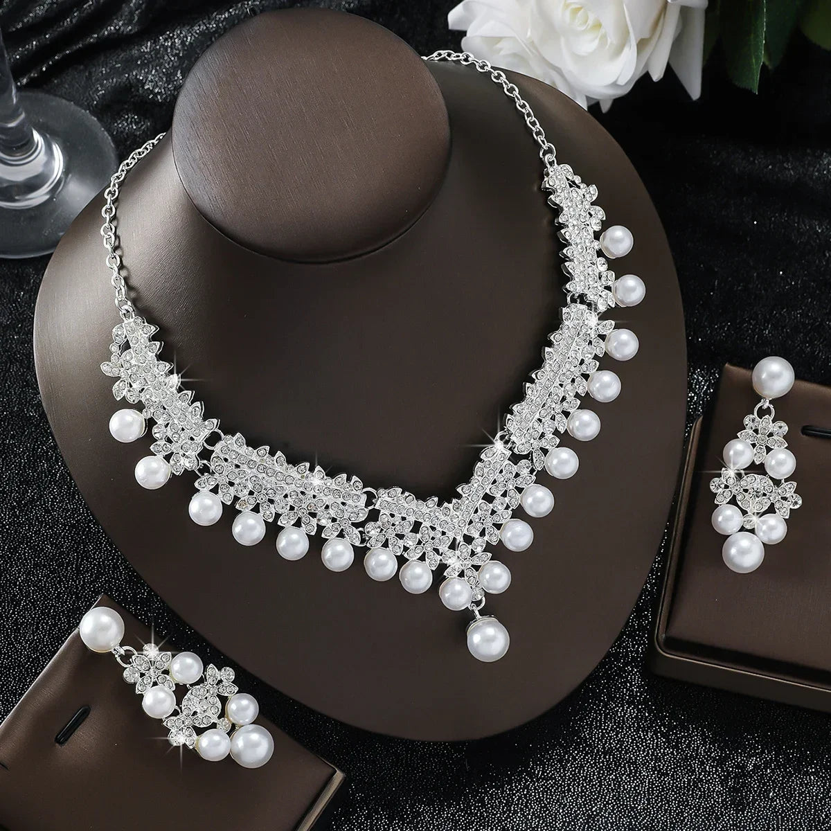 FYUAN Luxury Pearl Necklace Earrings For Women Weddings Banquet Jewelry Sets