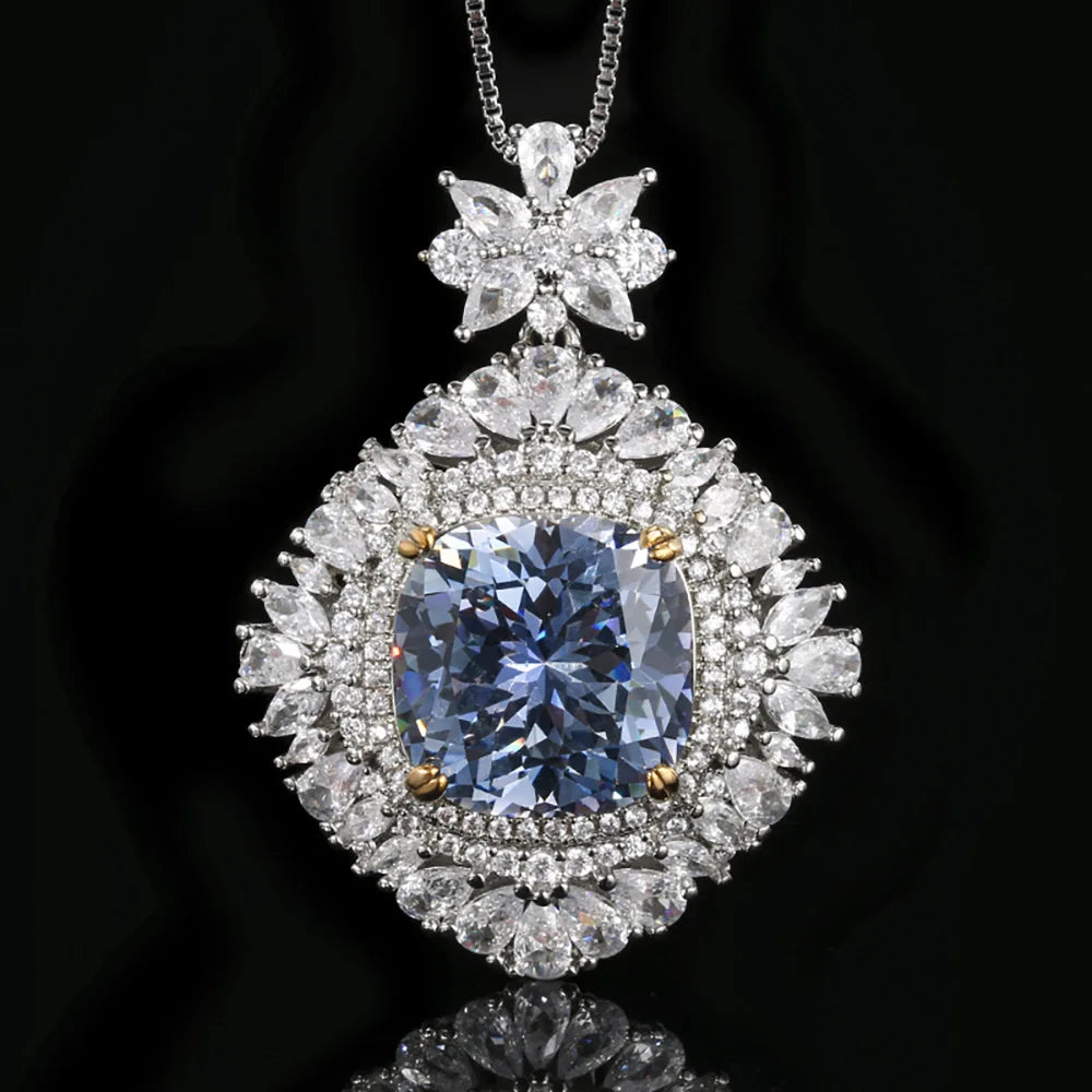 Trend Retro 16*16mm Sapphire Pink Quartz Big Pendant Necklace for Women Gemstone Cocktail Party Fine Jewelry Accessories Gift