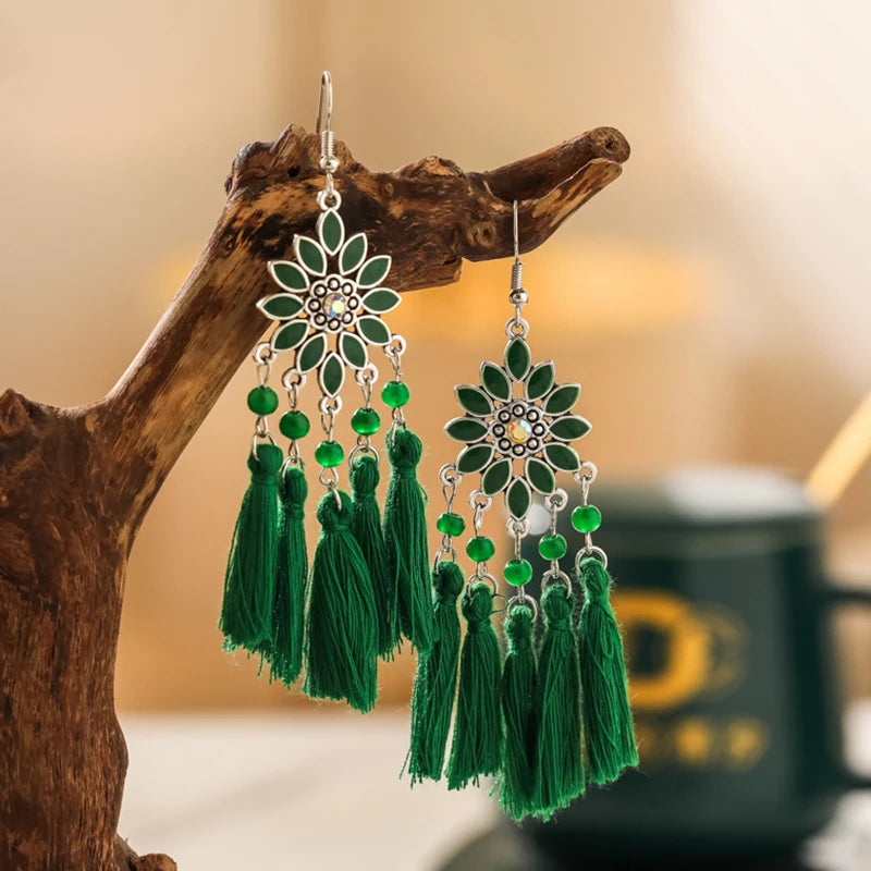 Classic Ethnic Tassel Earrings for Women Bohemian Enamel Flower Crystal Handmade Earring Female DailyVacation Jewelry