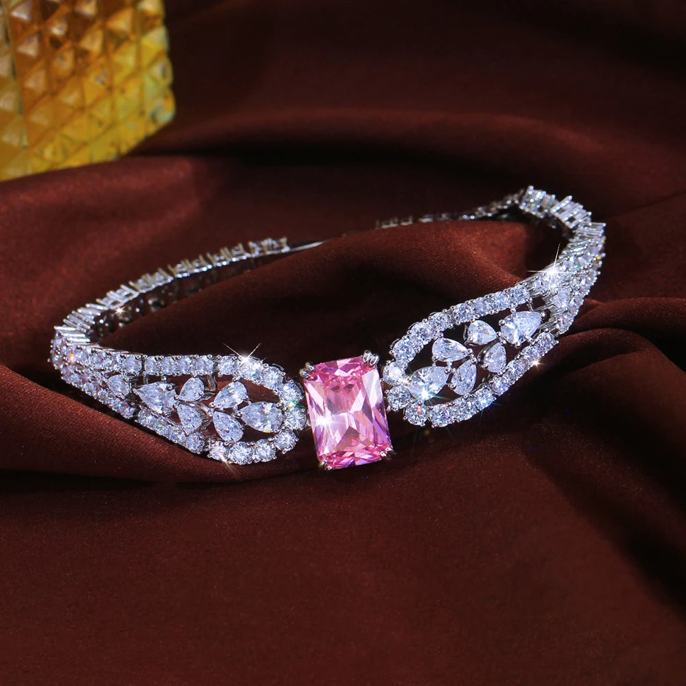 ThreeGraces Elegant Brilliant Pink Square Cubic Zirconia Feather Shape Bridal Wedding Party Link Chain Bracelet for Women BR454