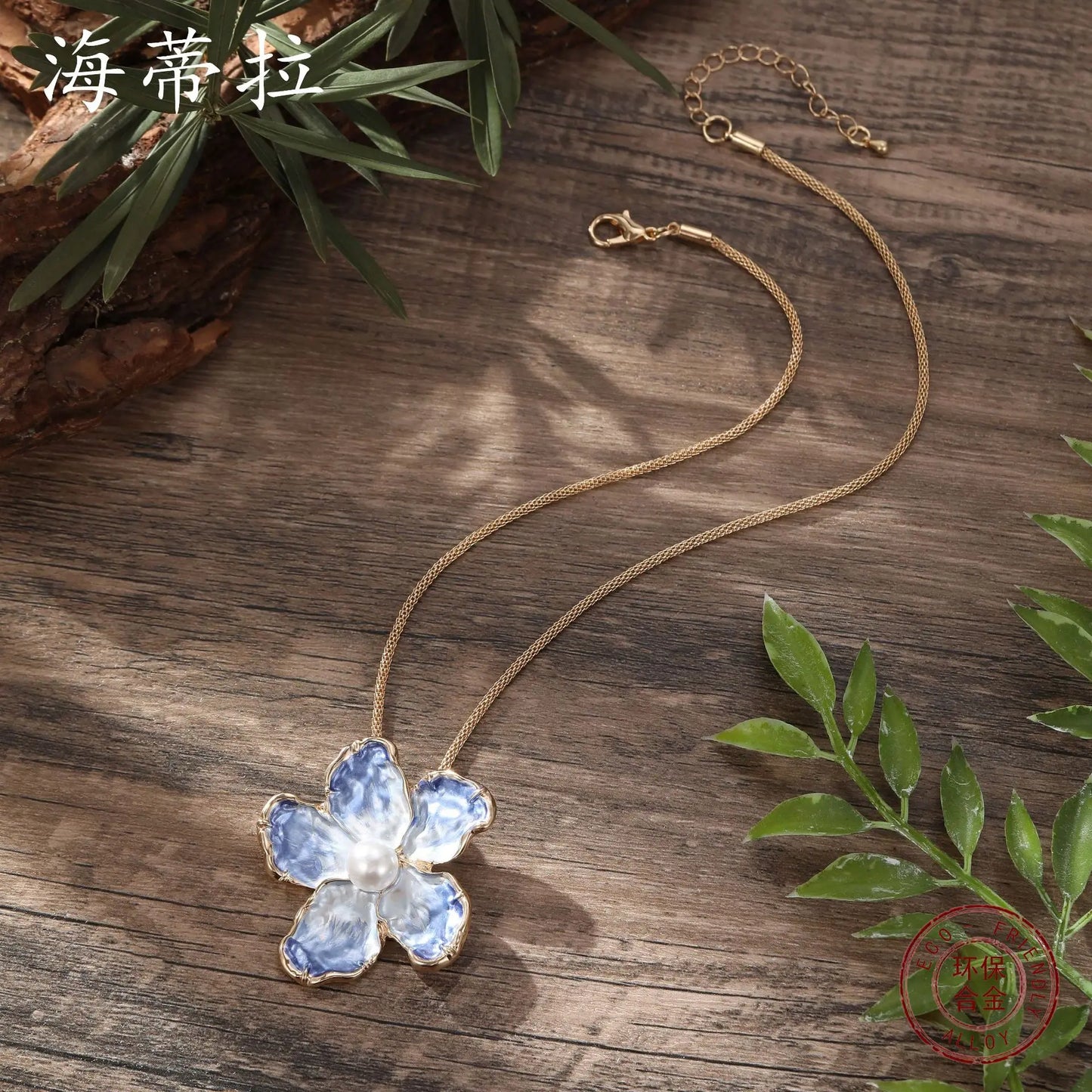 new blue enamel color camellia pendant, fashionable high sense women painting oil gradual change flower necklace