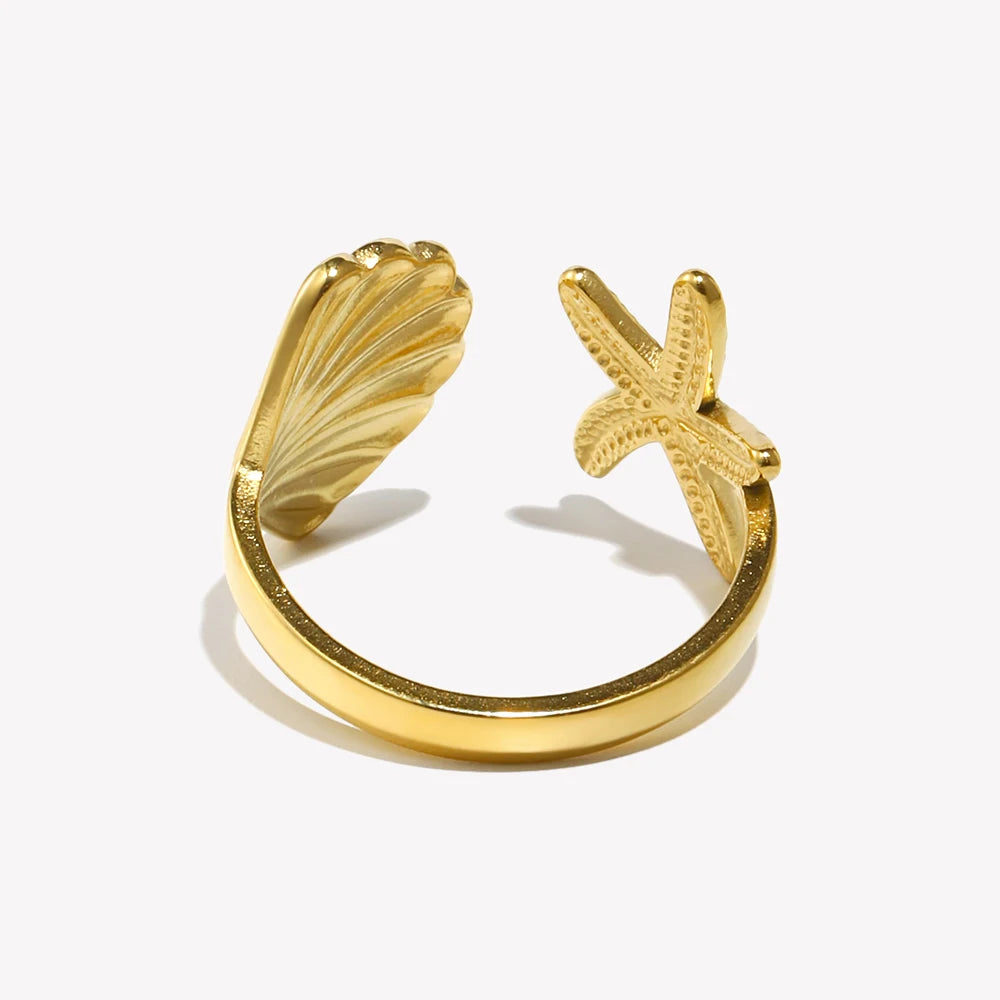 E.B.belle Personality Shell Starfish Opening Rings for Women New Fashion 316L Stainless Steel  PVD Plating Jewelry Decoration