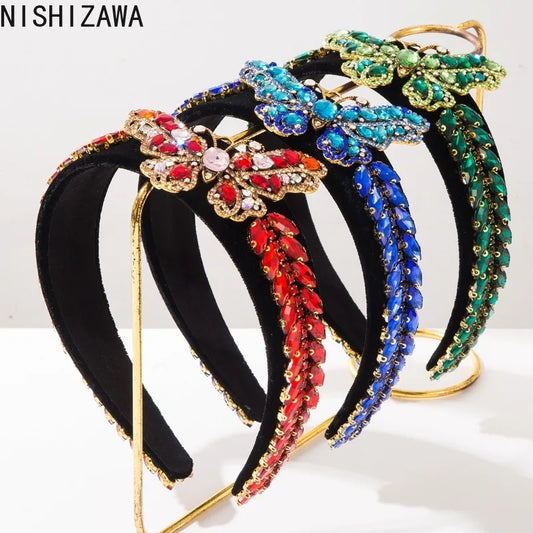 Rhinestone Butterfly Velvet Headband for Women Wide Vintage Hair Band Elegant Solid Color Party Elegant Hair Accessories