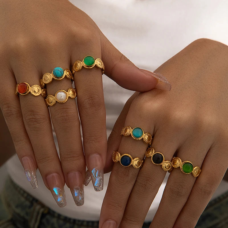 ANENJERY 316L Stainless Steel Colorful Stone Round Card Sun Open Ring for Women Men Niche Special Jewelry Gifts Wholesale