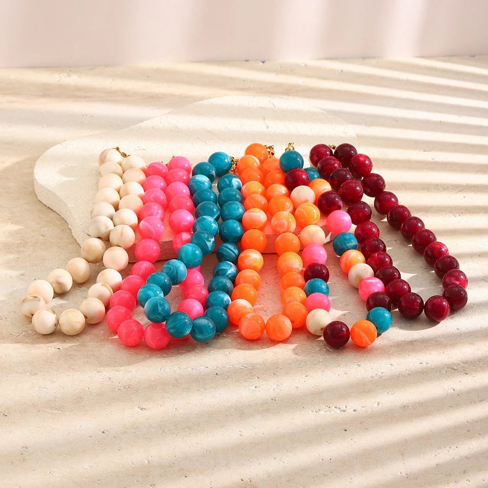 E.B.belle Colorful Marbled Resin Bead Necklace Hypoallergenic Chunky Beaded Chain Bohemian Holiday Women Jewelry Accessories
