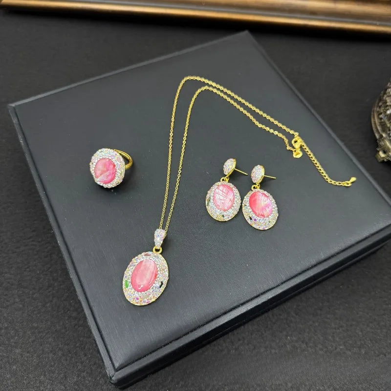 Shell Earrings for Women Geometric Inlaid Rhinestones Vintage Jewelry Sets Light Luxury Fashion Elegant Aretes De Mujer