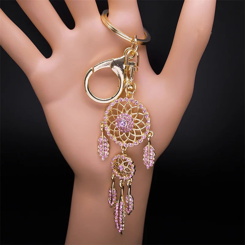 Shinny Crystal Owl Dreamcatcher Feather Keychain for Women Alloy Rhinestone Dream Catcher Animal Key Ring Bag Jewelry K9034S05