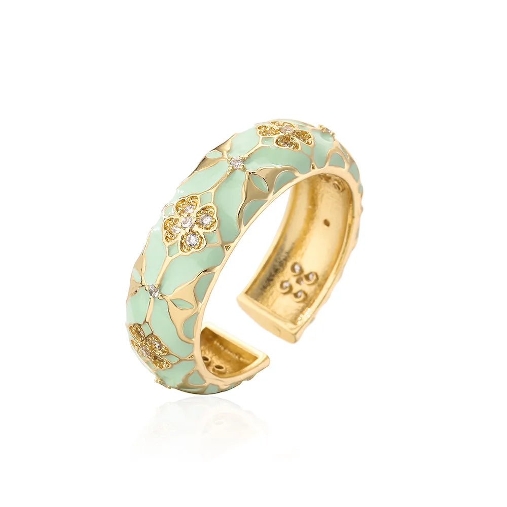 2025 Stylish new copper-plated 18K gold zircon dripping oil bohemian vintage geometric open ring gift