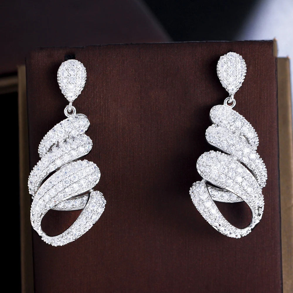 ThreeGraces Luxury Fashion Shiny White Zirconia Bridal Wedding Party Long Twist Lines Drop Earrings for Women Jewelry E1053