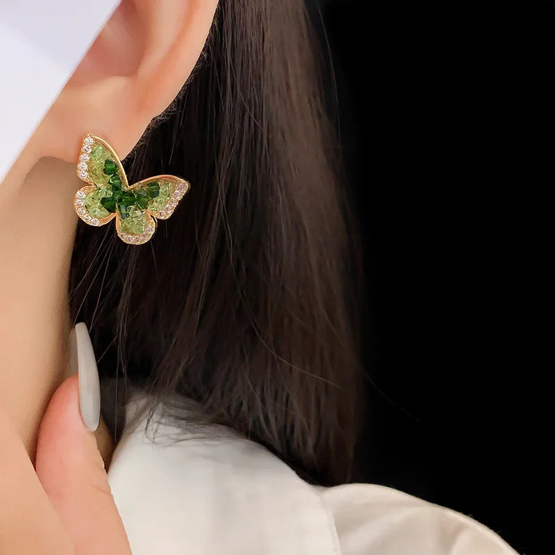 Gold Plating Zircon Green Crystal Butterfly Stud Earrings for Women Partysu Fashion Earring Luxury Silver Jewelry New