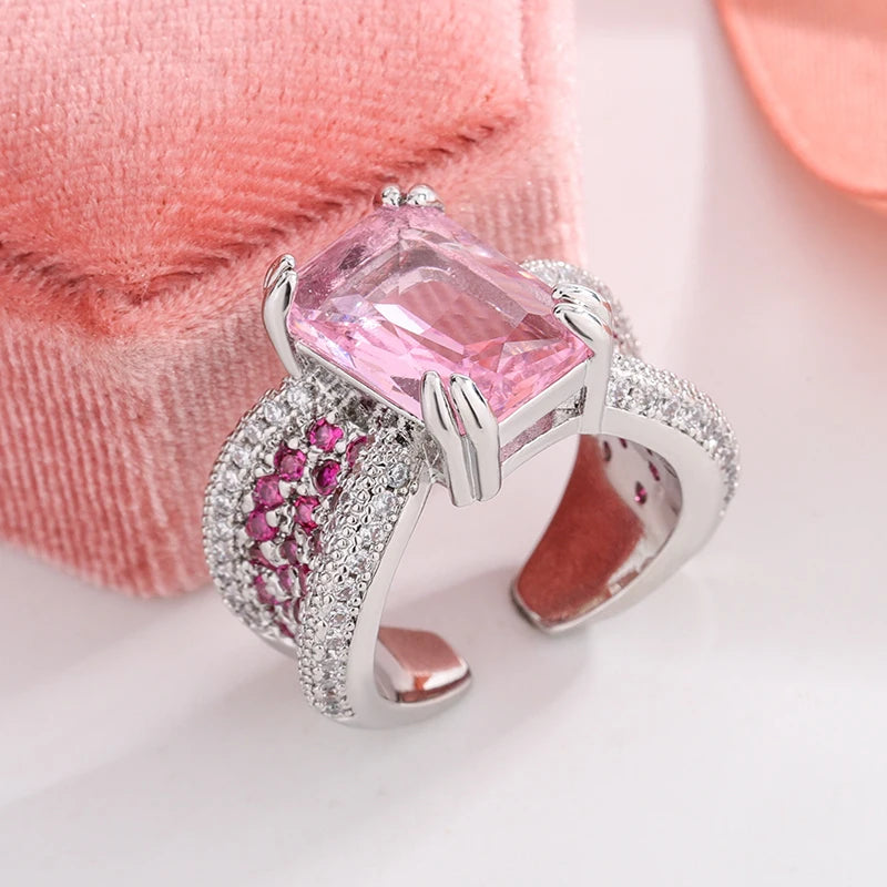 Sweet Pink Cubic Zirconia Ring for Women's Engagement Wedding Luxury Sparkling 925 Silver Plated Fashion Jewelry Gift