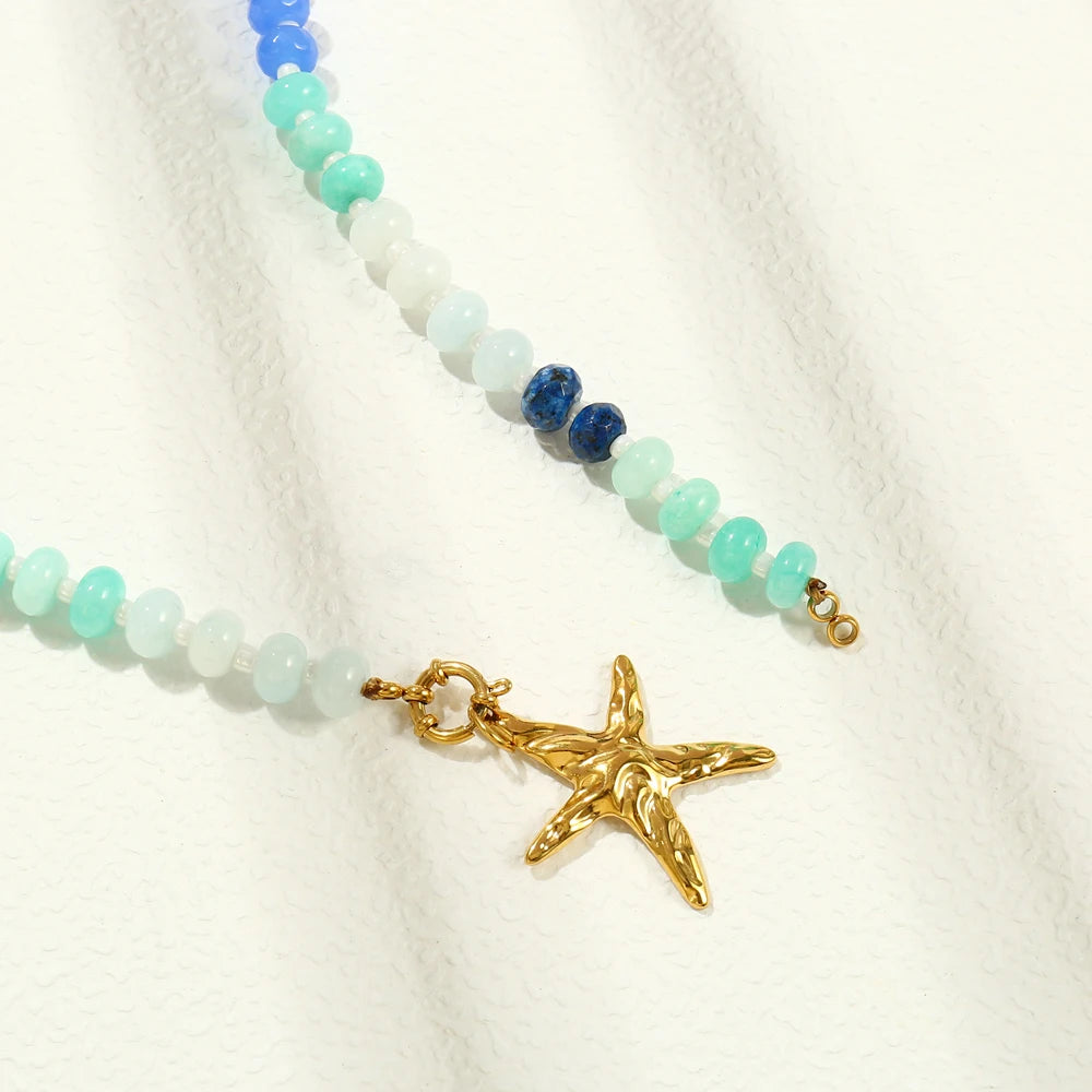 Badu Summer Colorful Natural Stone Beads Stainless Steel Starfish Pendant Necklace for Women Bohemia Beach Jewelry Waterproof
