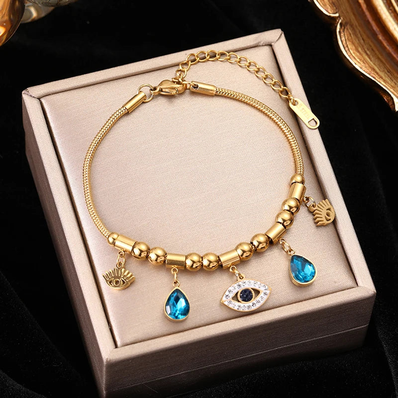 EILIECK 316L Stainless Steel Water Drop Zircon Butterfly Hexagram Charm Bracelet For Women Trend Fashion Gold Color Jewelry Gift