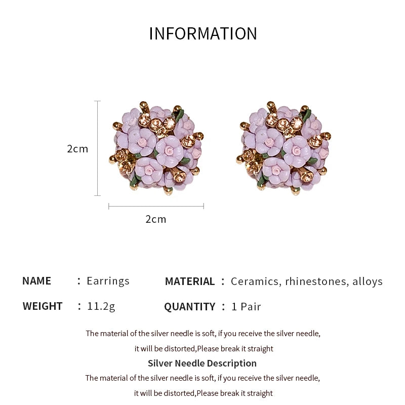 Pink Rhinestone Ceramic Flower Ball New in Stud Earrings for Women Temperament Versatile Earring Luxury Silver Jewelry Wholesale