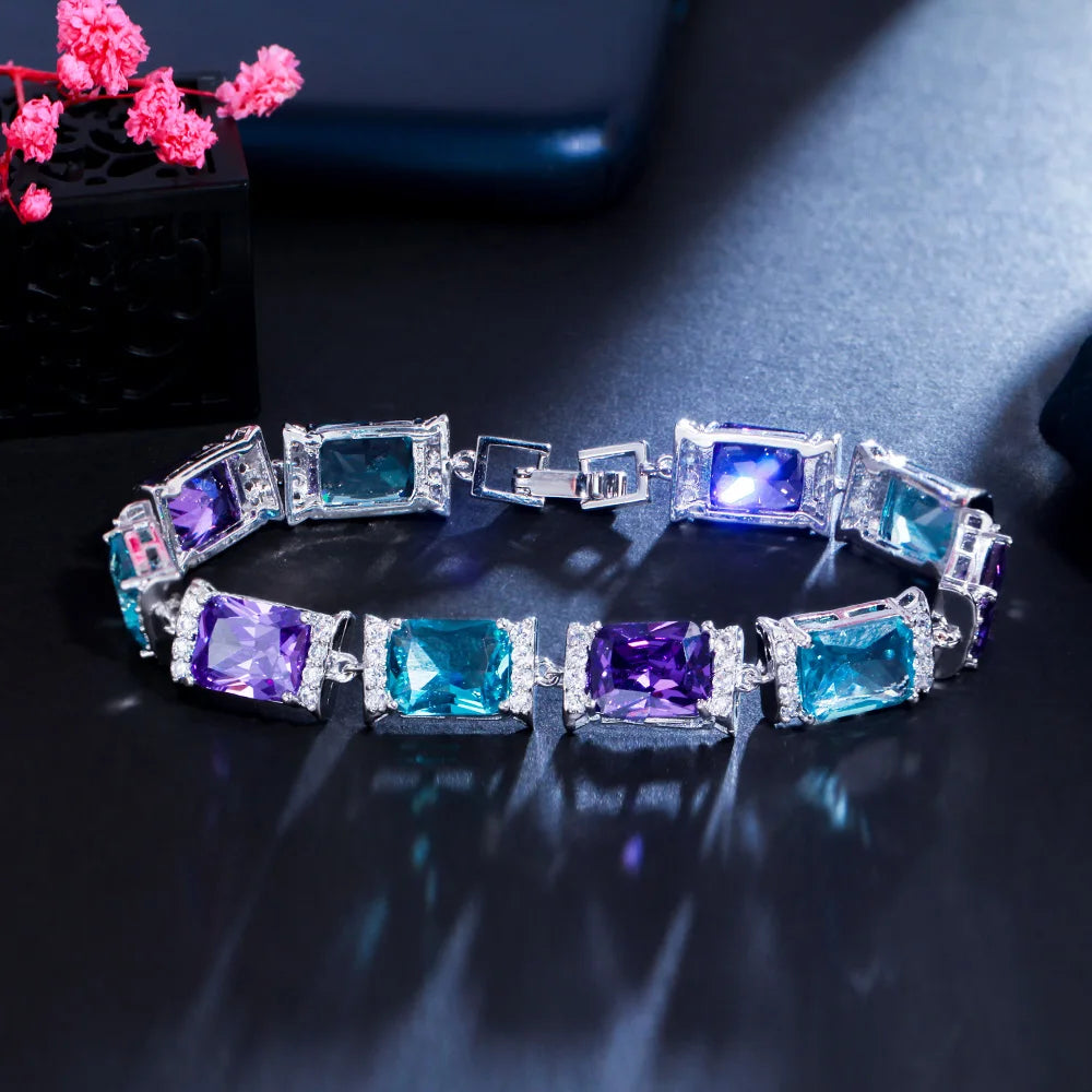 ThreeGraces Elegant Shiny Blue Purple Cubic Zirconia Geometric Rectangle Link Chain Tennis Bracelets for Women Jewelry BR191