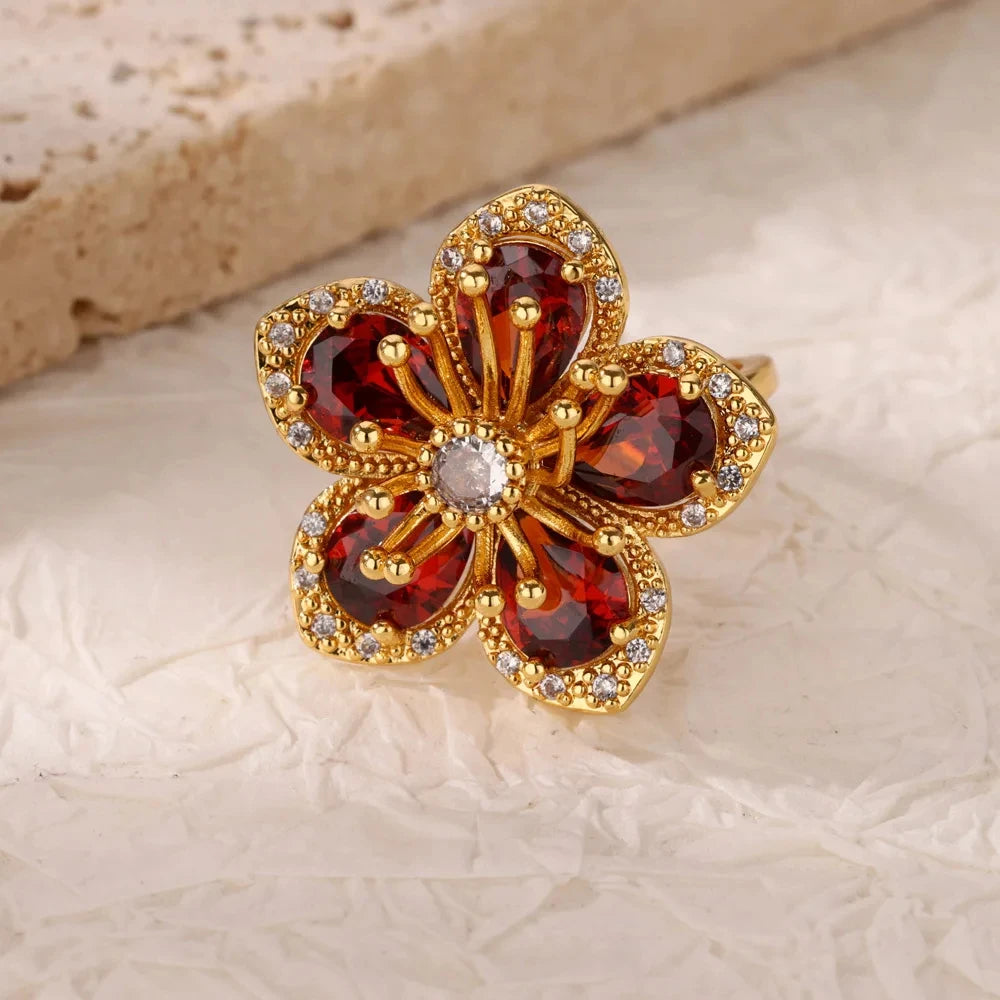 Stainless Steel Rings Gold Plated Colorful Stone Zircon Crystal Luxury Flower Ring For Women Wedding Jewelry Christmas Gift New