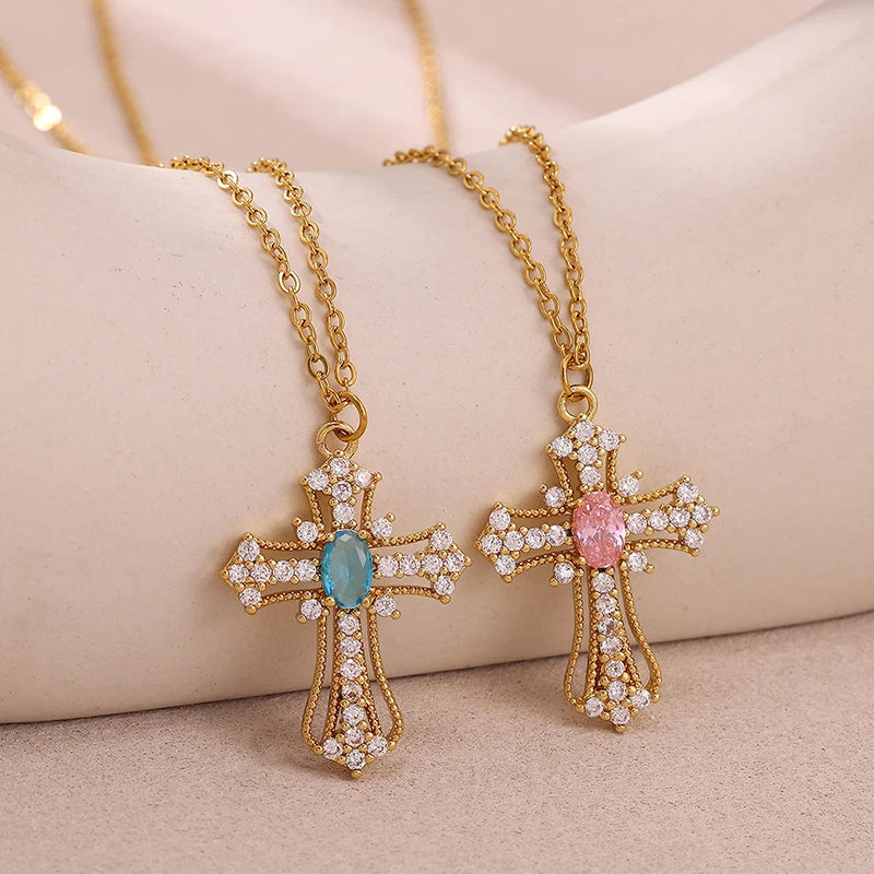 ANENJERY 316L Stainless Steel Crosss Pink Blue Zircon Necklace For Women Delicate Vintage French Personality Niche Jewelry Gifts