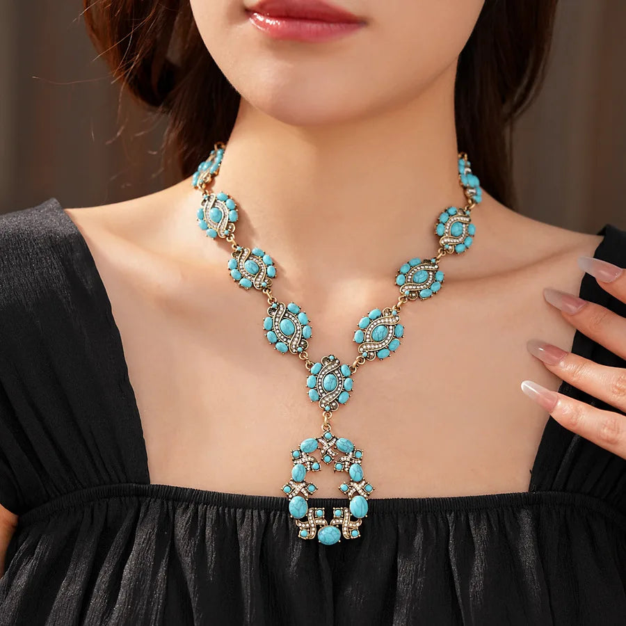 1/2 Pcs Vintage Cross Blue Oval Pendant Neckalces Women Mediaeval High-End Dangle Earrings Statement Banquet Jewelry Sets N