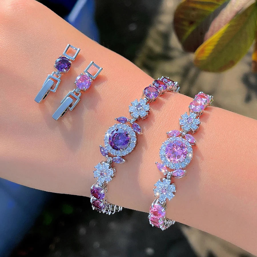 ThreeGraces Elegant Shiny Pink Round Zirconia Fashion Flower Bridal Wedding Engagement Tennis Bracelet for Women Jewelry BR411