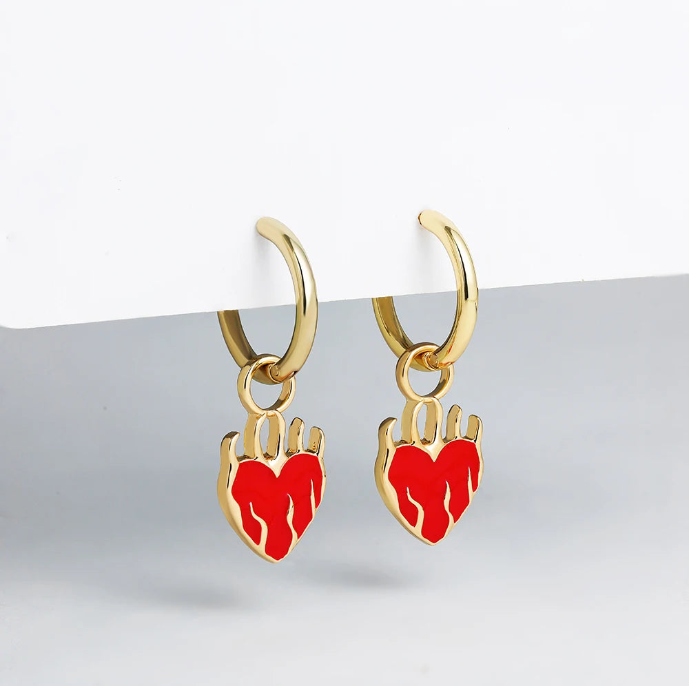 Hot Red Heart Pendant Charm Hoop Earrings for Women Punk Stainless Steel Small Circle Huggie Hoops Fashion Jewelry Gift