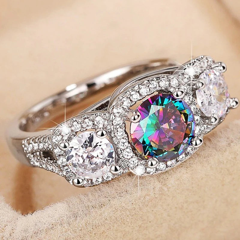 Beautful Colorful Glass Princess Women's 925 Stamp Slver Ring Zirconia Wedding Anniversary Party Personalized Gift Jewelry