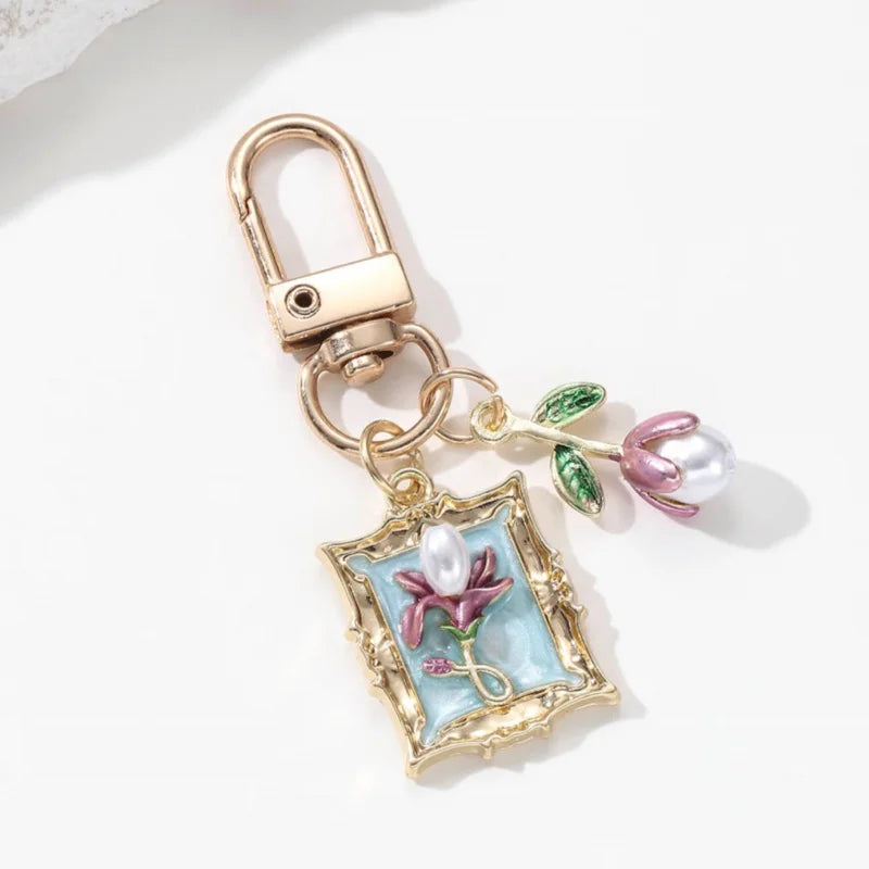 Pretty Flower Pearl Butterfly Enamel Keychain Cartoon Baroque style Plant Key Ring For Women Girls Handmade Gift DIY Jewelry