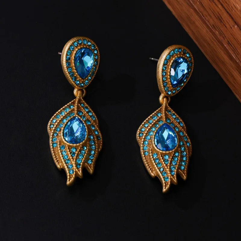 Blue Rhinestones Earrings for Women Exquisite Light Luxury Fashion Jewelry Feather-shaped Vintage Palace Style Aretes De Mujer