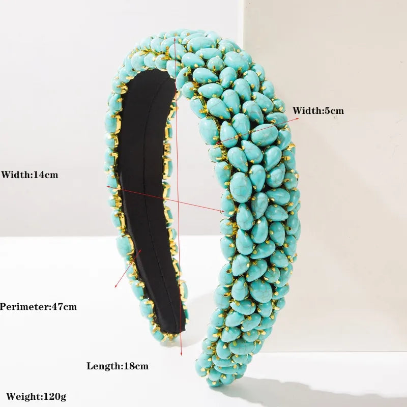 Baroque Headband for Women Heavy Craft Turquoise Pearl Hair Hoop Vintage Court Luxury Hair Accessories Party Statement Hairband