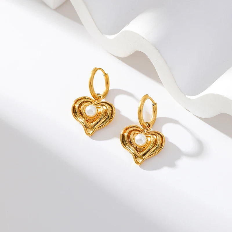 EILIECK New Fashion Stainless Steel Metal Heart Pearl Necklace Earrings For Women Trendy Gold Color Waterproof Jewelry Set Gift