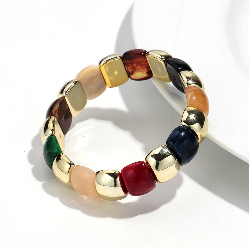 Vintage Acrylic Coloful Geometric Beads Elastic Bangle Bracelets Fashion Resin Golden CCB Bead Stackable Bracelet Women Jewelry