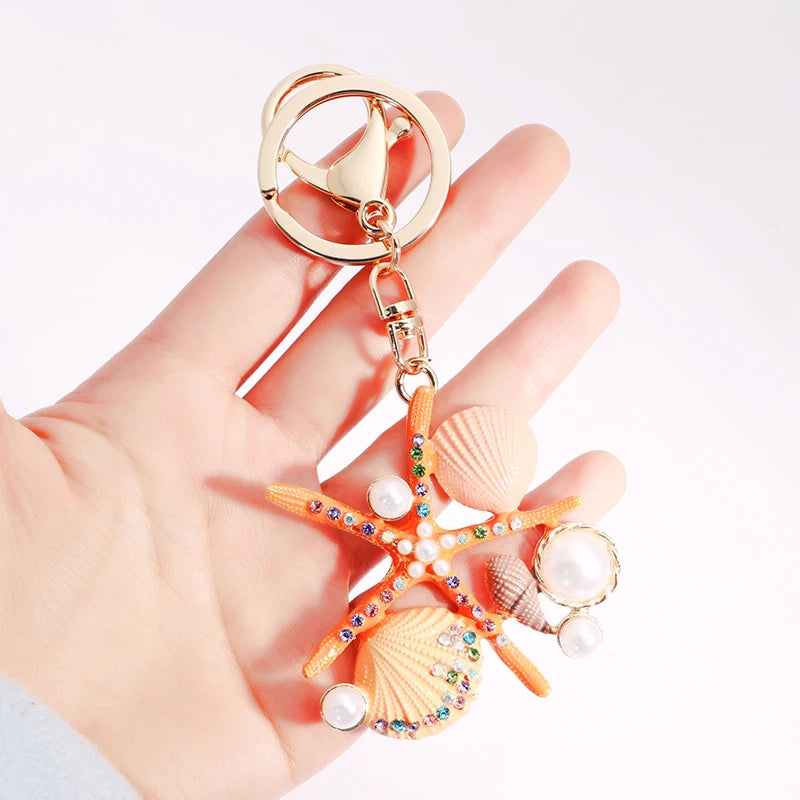 EASYA 2 Colors Sea World Crystal Starfish Keychain Fashion Simulated Pearl Shell Keyring Holders For Women Bag Car Key Chains