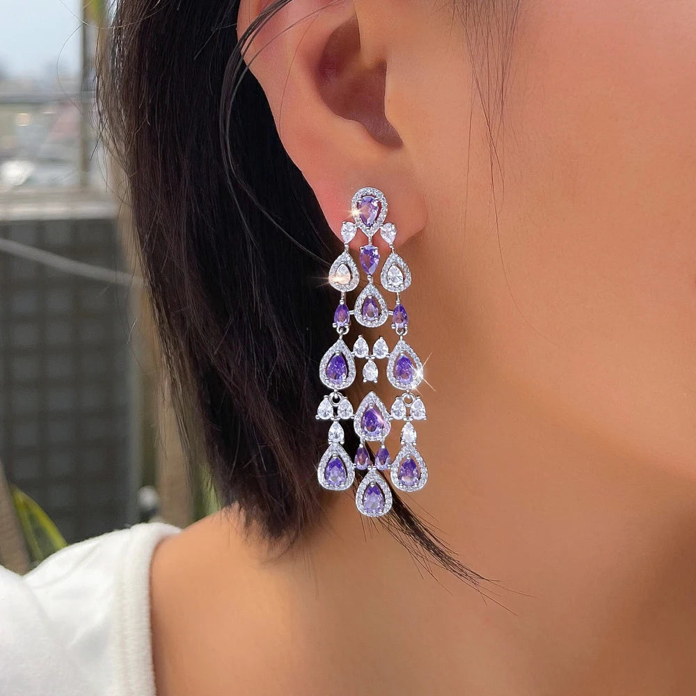 ThreeGraces Vintage Shiny Purple Zirconia Long Tassel Chandelier Drop Bridal Wedding Party Earrings for Ladies Jewelry ER531