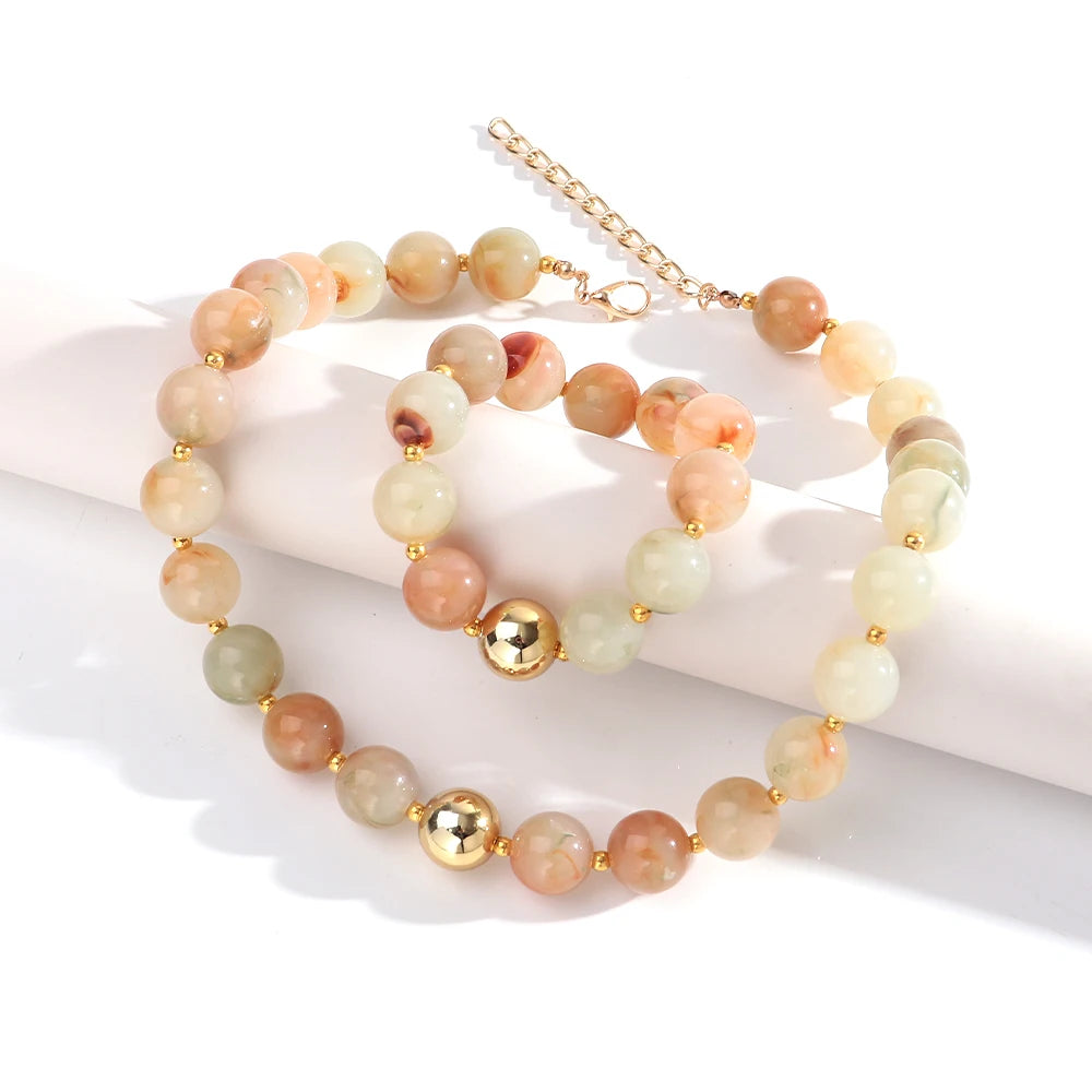 Trendy Acrylic Multicolor Round Beads Necklace Bracelet Set Resin Geometric Beaded Choker Necklaces 2026 Fashion Jewelry